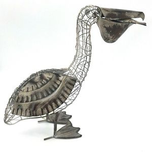 Coastal Rustic Pelican With Fish Statue Sculpture